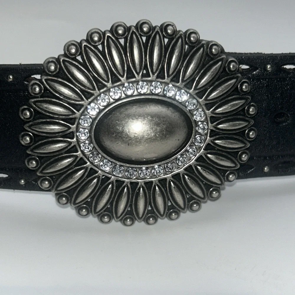 Fossil‎ Genuine Leather Boho Southwestern Belt Bronze Rhinestone Buckle Black L